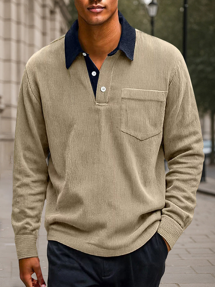 Versatile Color Block Corduroy Polo Shirt