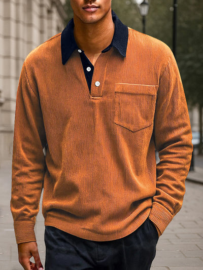 Versatile Color Block Corduroy Polo Shirt