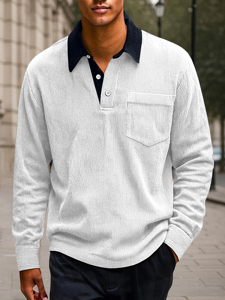 Versatile Color Block Corduroy Polo Shirt
