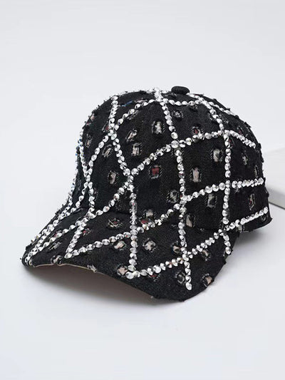 Sparkling Rhinestone Destroyed Torn Denim Cap