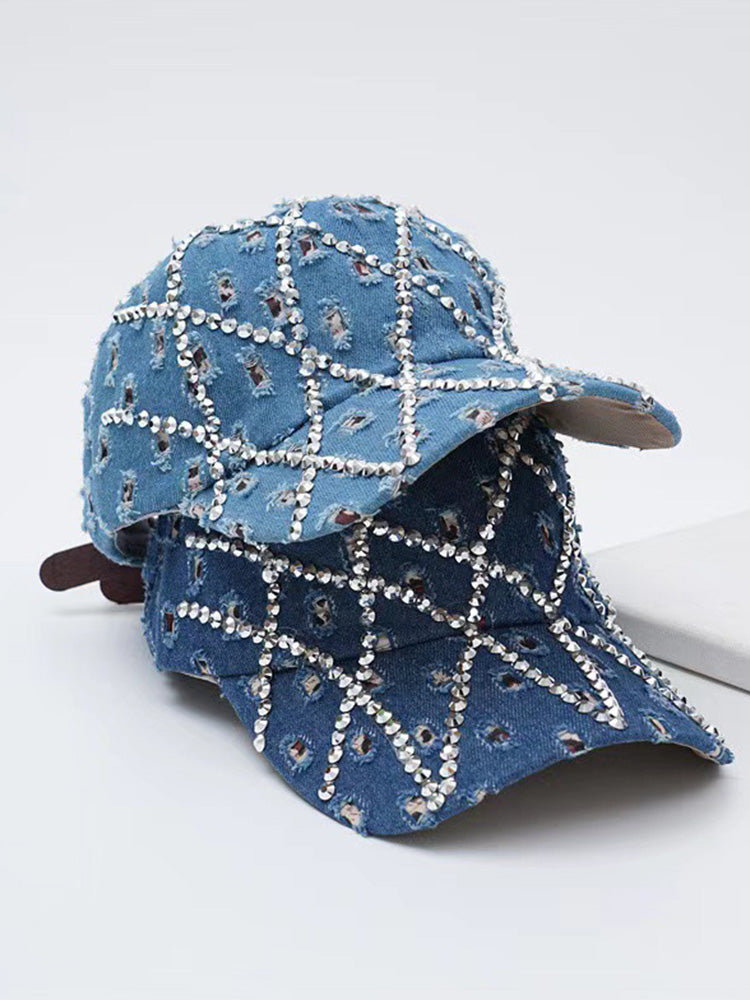 Sparkling Rhinestone Destroyed Torn Denim Cap