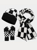 Cozy Checked Beanie Hat Scarf Gloves 3-in-1 Set