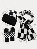 Cozy Checked Beanie Hat Scarf Gloves 3-in-1 Set