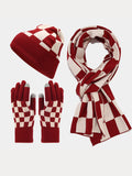 Cozy Checked Beanie Hat Scarf Gloves 3-in-1 Set