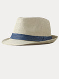Classic Patchwork Band Panama Straw Fedora Hat