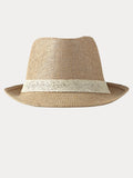 Classic Patchwork Band Panama Straw Fedora Hat