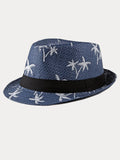 Vacation Coconut Tree Print Woven Straw Fedora Hat