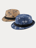 Vacation Coconut Tree Print Woven Straw Fedora Hat