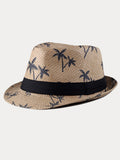 Vacation Coconut Tree Print Woven Straw Fedora Hat