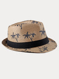 Vacation Coconut Tree Print Woven Straw Fedora Hat