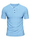 Short Sleeve Three-Button Placket Banded Collar Textured Grid Knit Casual Tee