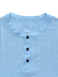 Short Sleeve Three-Button Placket Banded Collar Textured Grid Knit Casual Tee