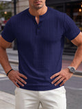Short Sleeve Three-Button Placket Banded Collar Textured Grid Knit Casual Tee