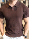 V-Neck Collar Vertical Cable Textured Ice Silk Casual Tee