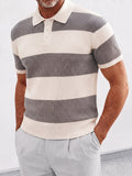 Striped Knit Polo Shirt Short Sleeve Ribbed