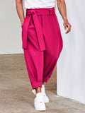Belted Pleated Wide Leg Cropped Dress Harem Pants