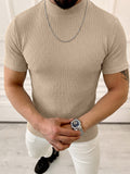 Mock Neck Vertical Cable Knit Short Sleeve T-Shirt