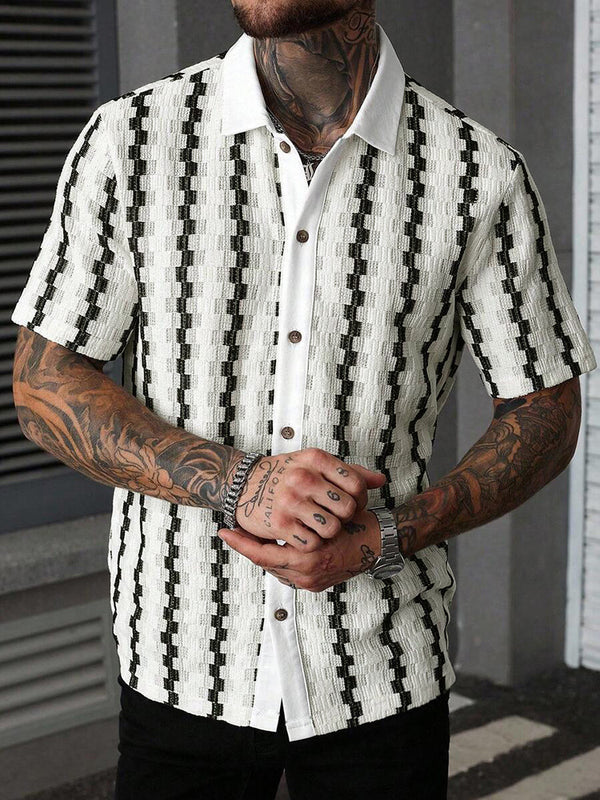 Cuban Collar Textured Stripe Short Sleeve Shirt