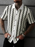 Cuban Collar Textured Stripe Short Sleeve Shirt