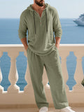 Crinkle Texture Hooded Henley and Wide Leg Pants Set