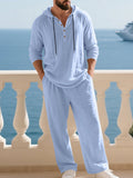 Crinkle Texture Hooded Henley and Wide Leg Pants Set