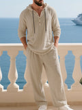Crinkle Texture Hooded Henley and Wide Leg Pants Set