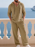 Crinkle Texture Hooded Henley and Wide Leg Pants Set