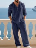 Crinkle Texture Hooded Henley and Wide Leg Pants Set