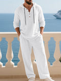 Crinkle Texture Hooded Henley and Wide Leg Pants Set