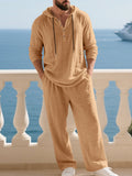 Crinkle Texture Hooded Henley and Wide Leg Pants Set