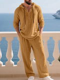 Crinkle Texture Hooded Henley and Wide Leg Pants Set