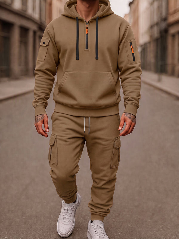 Fleece-Lined Cargo Hooded Tracksuit Set
