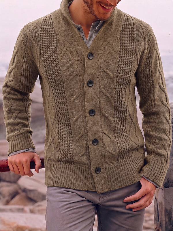 Cable Knit Shawl Collar Button-Up Cardigan