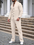 Casual Waffle Knit Mandarin Collar Shirt Set