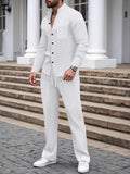 Casual Waffle Knit Mandarin Collar Shirt Set