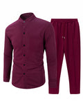 Casual Waffle Knit Mandarin Collar Shirt Set