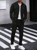 Waffle Knit Lapel Collar 2-Piece Shirt Set
