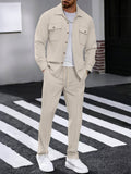 Waffle Knit Lapel Collar 2-Piece Shirt Set