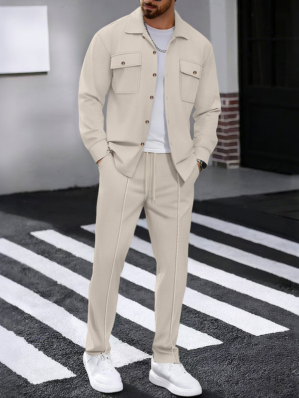 Waffle Knit Lapel Collar 2-Piece Shirt Set