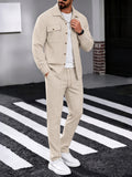 Waffle Knit Lapel Collar 2-Piece Shirt Set