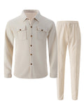 Waffle Knit Lapel Collar 2-Piece Shirt Set