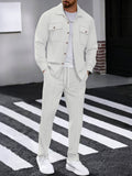 Waffle Knit Lapel Collar 2-Piece Shirt Set