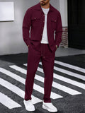 Waffle Knit Lapel Collar 2-Piece Shirt Set