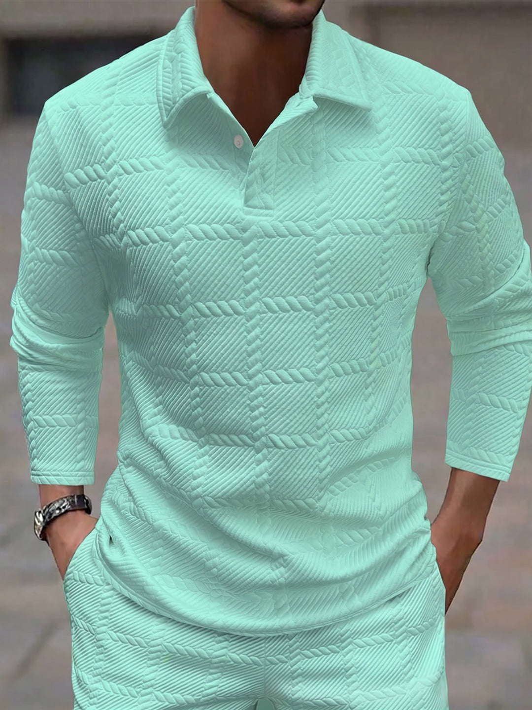Men's 3D Textured Jacquard Polo Shirt | Long Sleeve Cable Knit