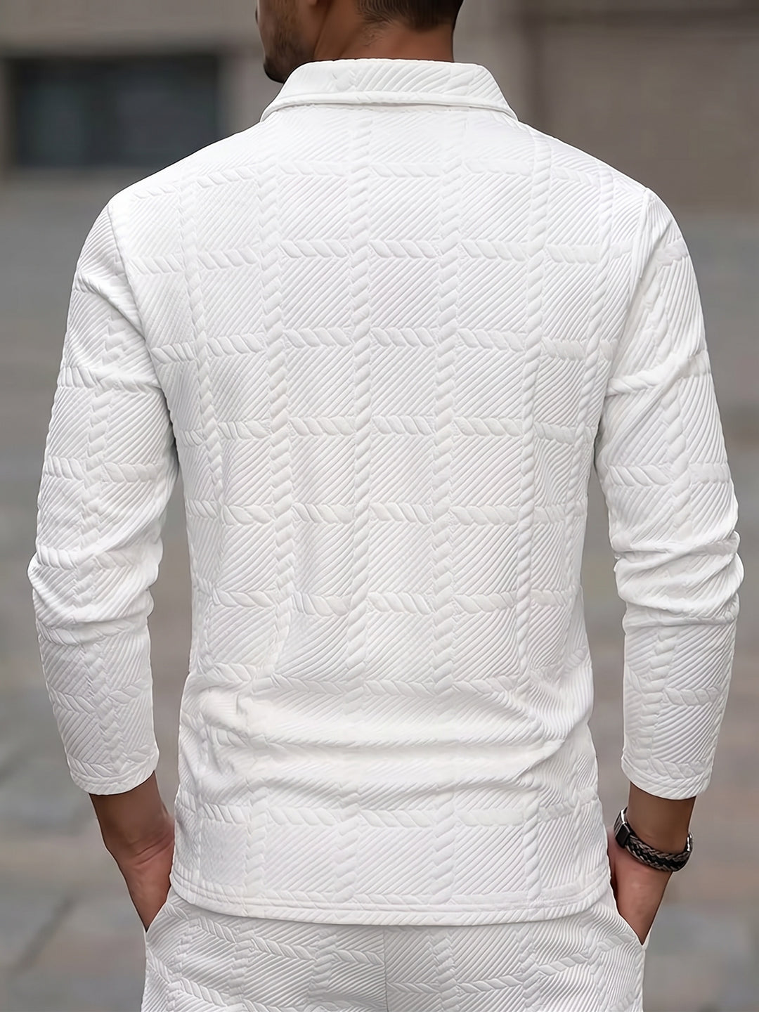 Men's 3D Textured Jacquard Polo Shirt | Long Sleeve Cable Knit