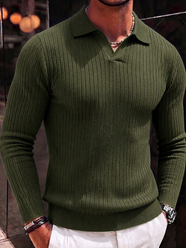 Minimalist Long Sleeve Ribbed Knit Polo Shirt