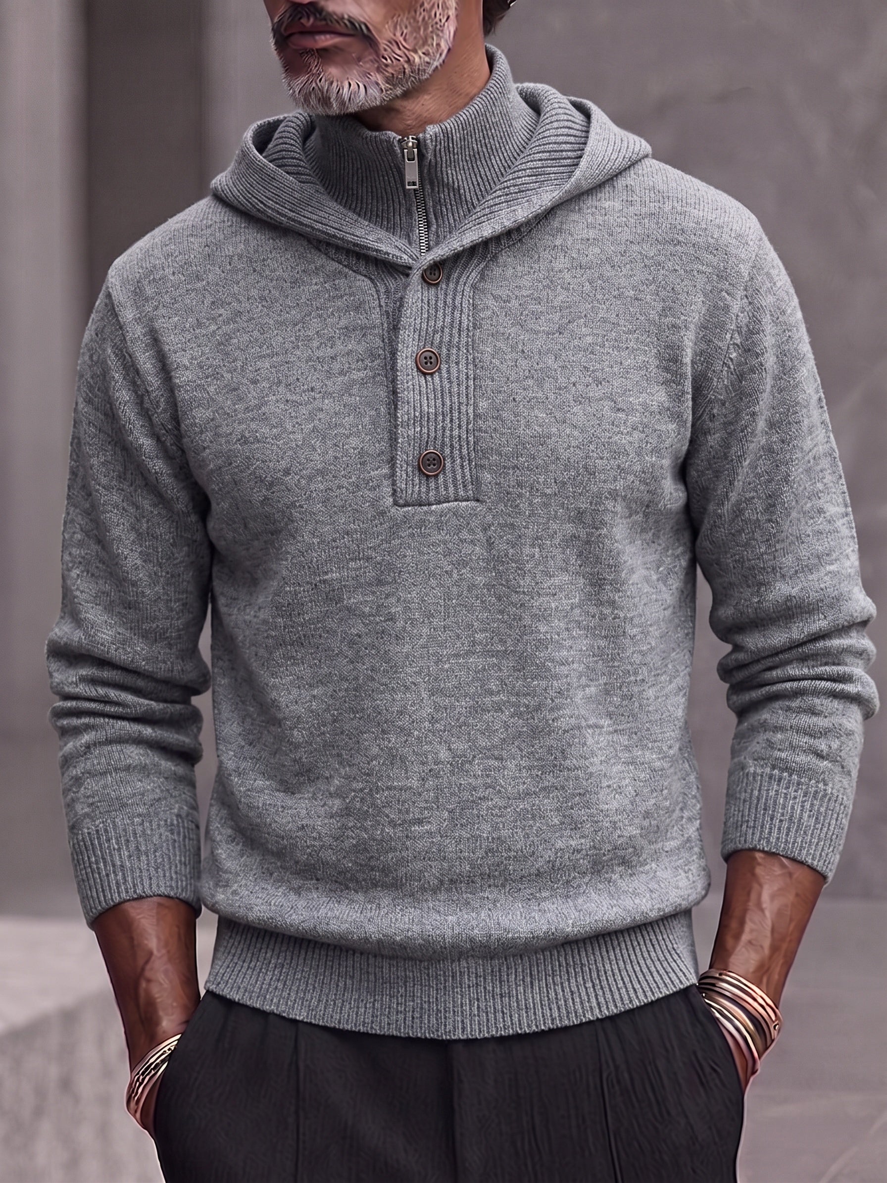 Men's 2-in-1 Double Collar Hooded Sweater Quarter-Zip Button Knit
