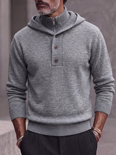 Men's 2-in-1 Double Collar Hooded Sweater Quarter-Zip Button Knit