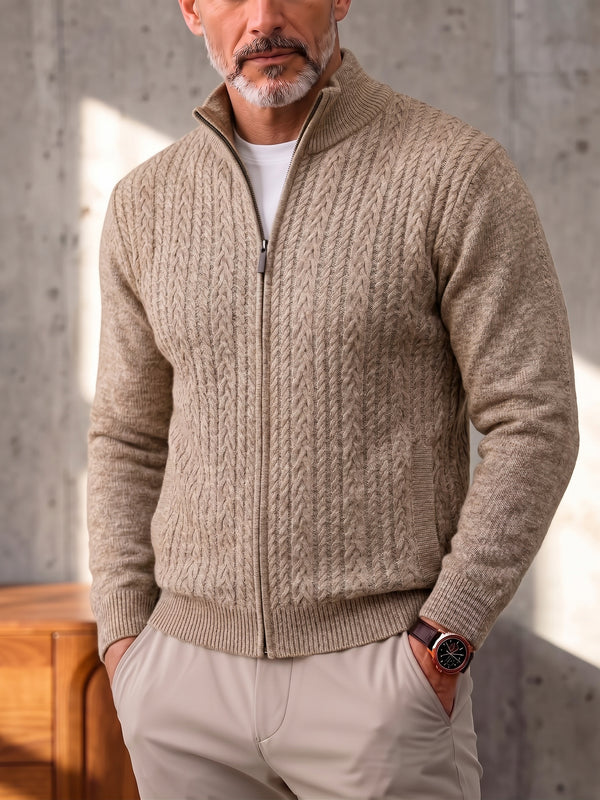Cable Knit Full Zip Cardigan Sweater Vintage Stand Collar Jacket