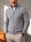 Cable Knit Full Zip Cardigan Sweater Vintage Stand Collar Jacket